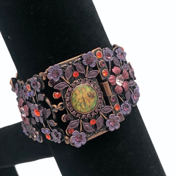 MX PURPLE AND PINK FLORAL BRACELET W CHERUB CLASP - Picture 3 of 16